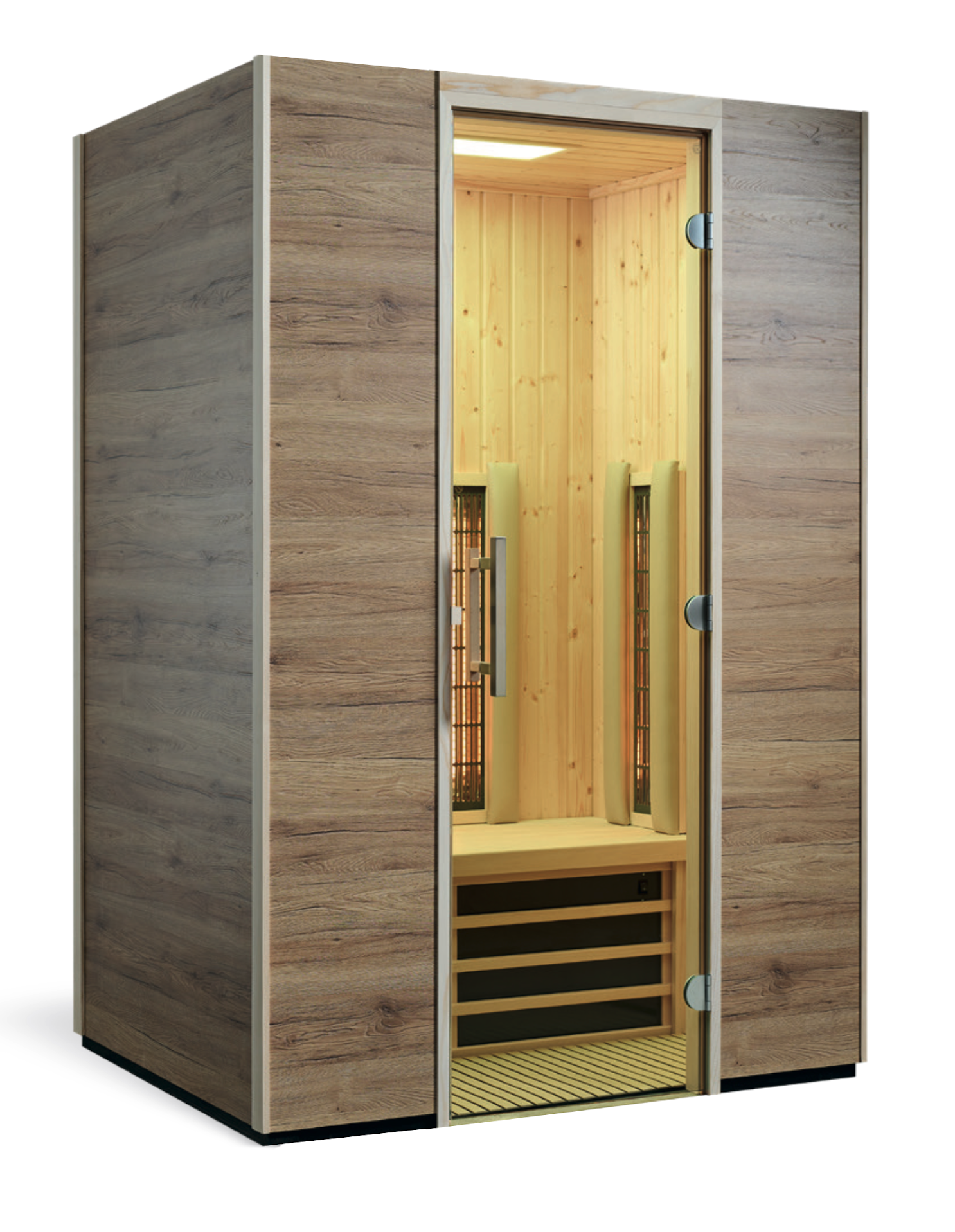 Infraworld Infrarotkabine Basel 125, 125x115x200cm, Sole-Therme-Pur, Eiche-Dekor und Fichtenholz, Flächenheizsystem, Vitallight-Infrarotstrahler, Tür rechts