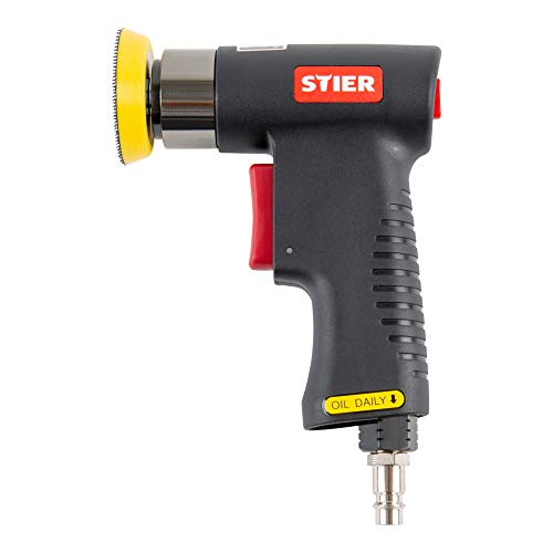 STIER Mini-Exzenterschleifer-Satz ME-26, 100 mm, 64-teilig, mit einstellbarem Luftfluss, gummiertem Handgriff und leiser Anwendung bei 80 dBA