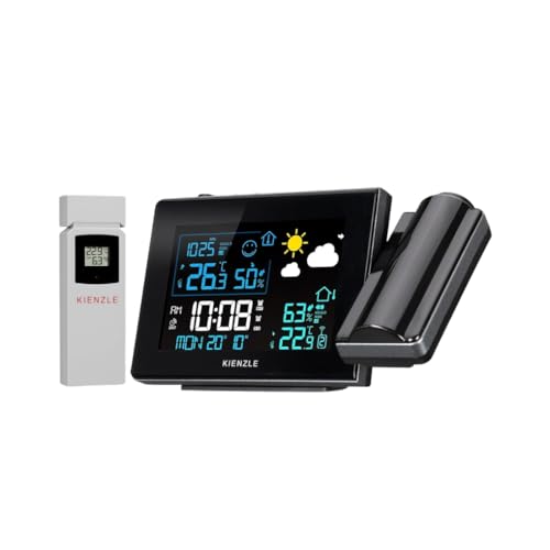 Kienzle Funk-Wetterstation mit Projektion, schwarz, Temperatur- und Luftfeuchtigkeitsmessung, Eiswarnung, Raumklima-Komfortindikator, 2 Weckzeiten mit Snooze-Funktion