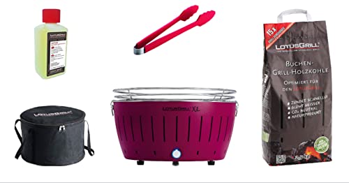 LotusGrill Starter-Set 1x XL Grill Pflaumenlila mit USB-Anschluß, 1x Buchenholzkohle 2,5 kg, 1x Brennpaste 200ml, 1x Zange, 1x Transport-Tragetasche XL - Der raucharme Holzkohlegrill