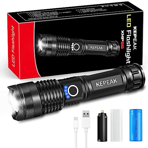 KEPEAK 5000 Lumen Extrem Hell LED Taschenlampe, USB Aufladbar Klein Taschenlampen, 5-Lichtmodi und Zoombar Scheinwerfer, Ideal für Outdoor Camping, Angeln, Nachts gehen
