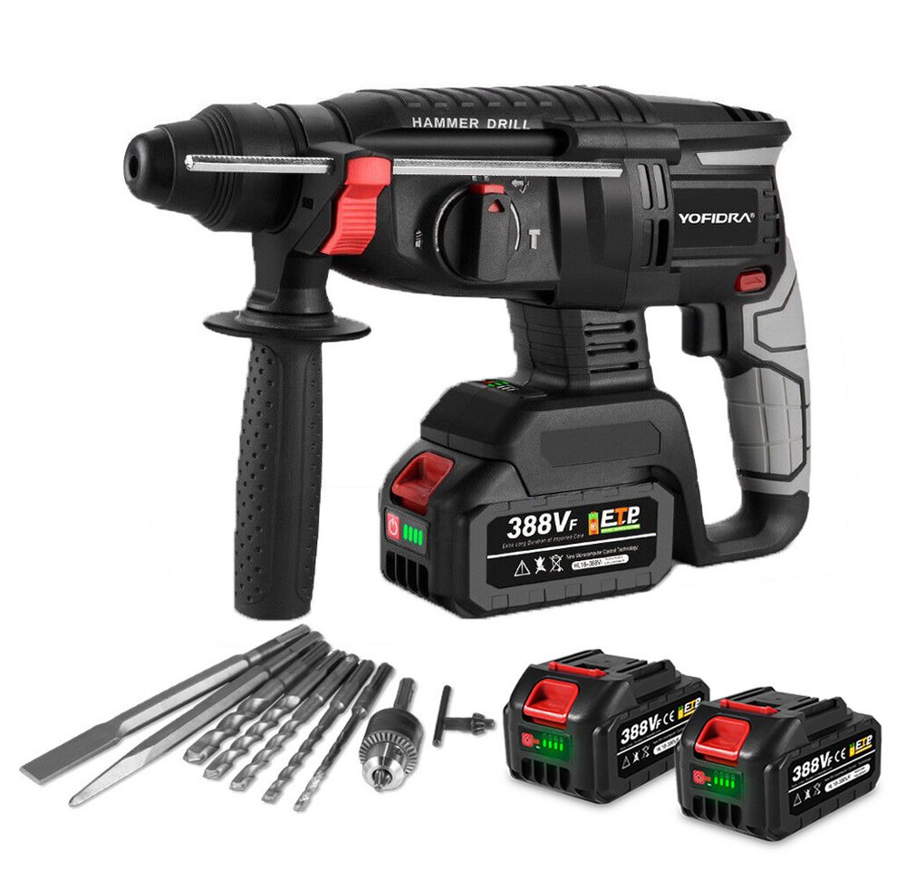 ONEVAN Akku-Bohrhammer SDS-plus, 4 in 1 Funktionen mit 2x 3000mAh Akkus und Ladegerät, Anti-Vibrationsgriff für Beton und Mauerwerk