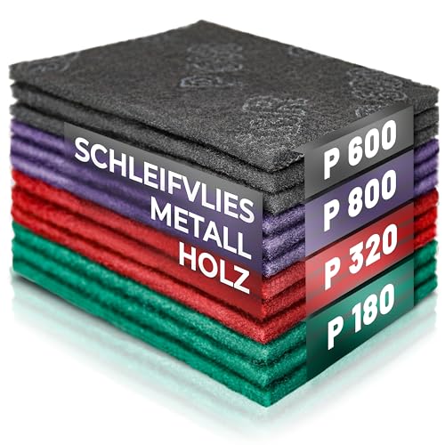 S&R Schleifvlies-Pads – 12er Set mit Körnungen P180-P320-P600-P800, Schleifvlies für Metall, Holz, Stahl & Edelstahl, flexibel einsetzbar zum Schleifen & Polieren