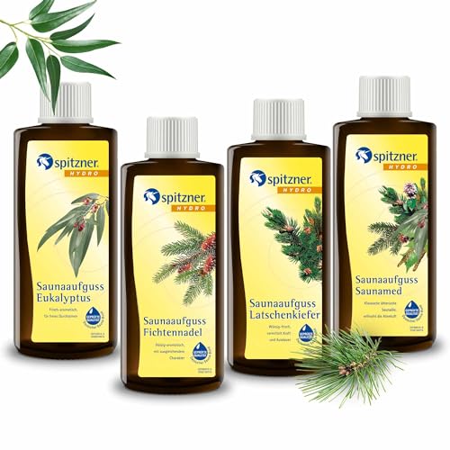 Spitzner Saunaaufguss-Set Saunamed, 4 x 190 ml, würzig-frischer Duft mit Menthol und Nadelbaumölen für freies Atmen