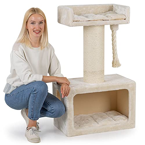 HAPPYPET Kratzbaum stabil 103 cm für große Katzen | Premium Qualität | 18 cm Sisalstämme mit 8 mm dickem Sisalseil | 600g Plüsch | Kratzbaum klein für schwere Main Coon | E1 Zertifiziert