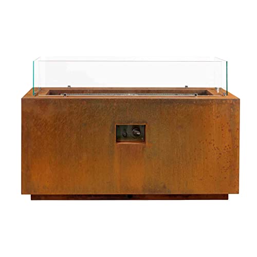 Intergrill Gasfeuerstelle Fire Pit | 125 x 50 x 81,5 cm | Feuerschale für Garten mit Lavasteinen und Glas | Cortenstahl Rostoptik