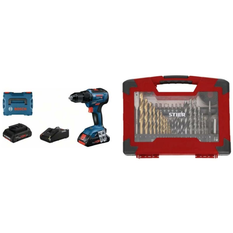 Bosch Akku-Bohrschrauber GSR 18V-55, 55 Nm, 1.750 U/min, 2x 4,0Ah ProCORE18V, Ladegerät, TiN-Bohrer-, Säge- & Bit-Set 100-tlg
