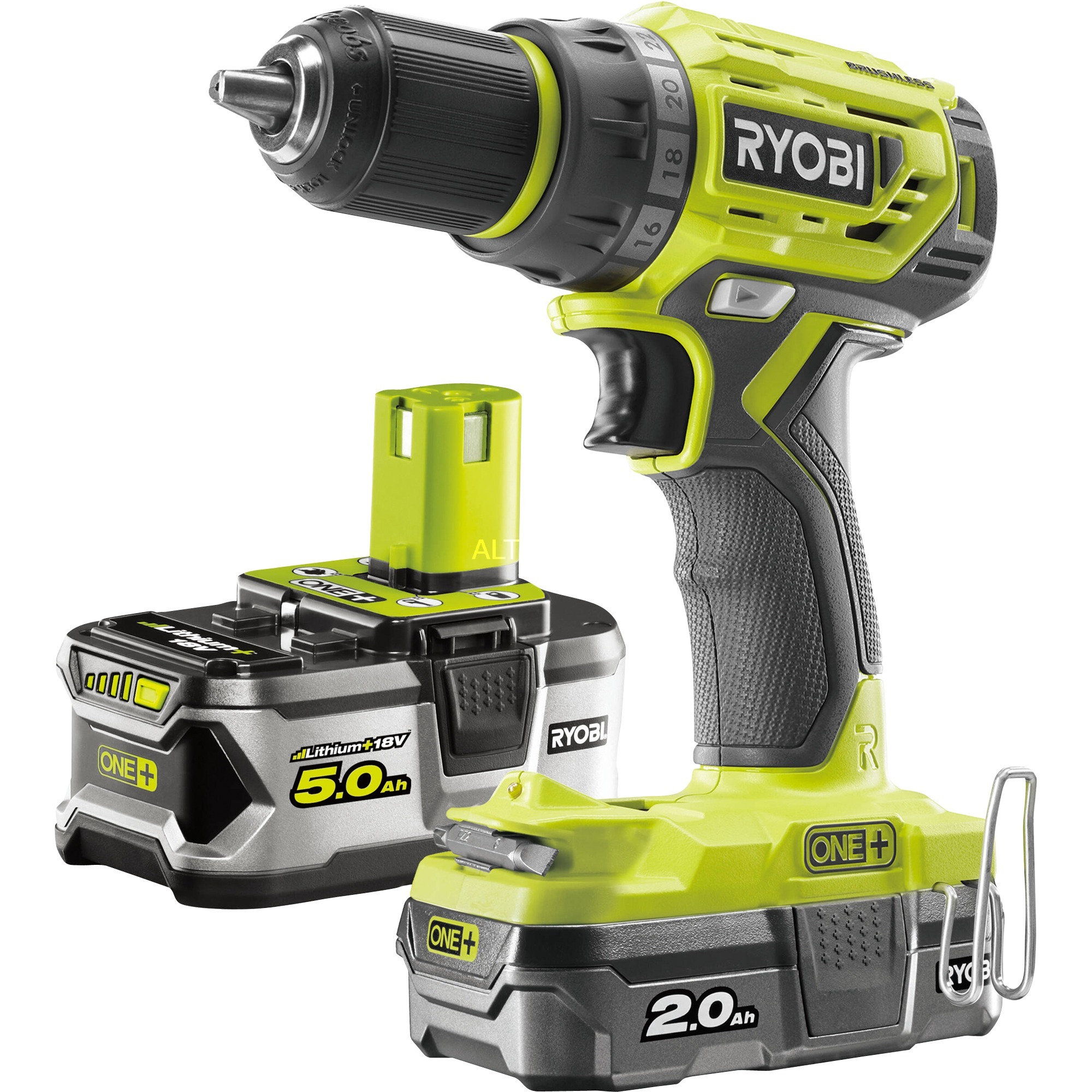 Ryobi R18DD7-252S 18 V ONE+ Brushless Akku-Bohrschrauber, Drehmoment 60 Nm 5 Ah und 2 AhLi-Ionen Akku mit Ladegerät mit Werkzeugtasche