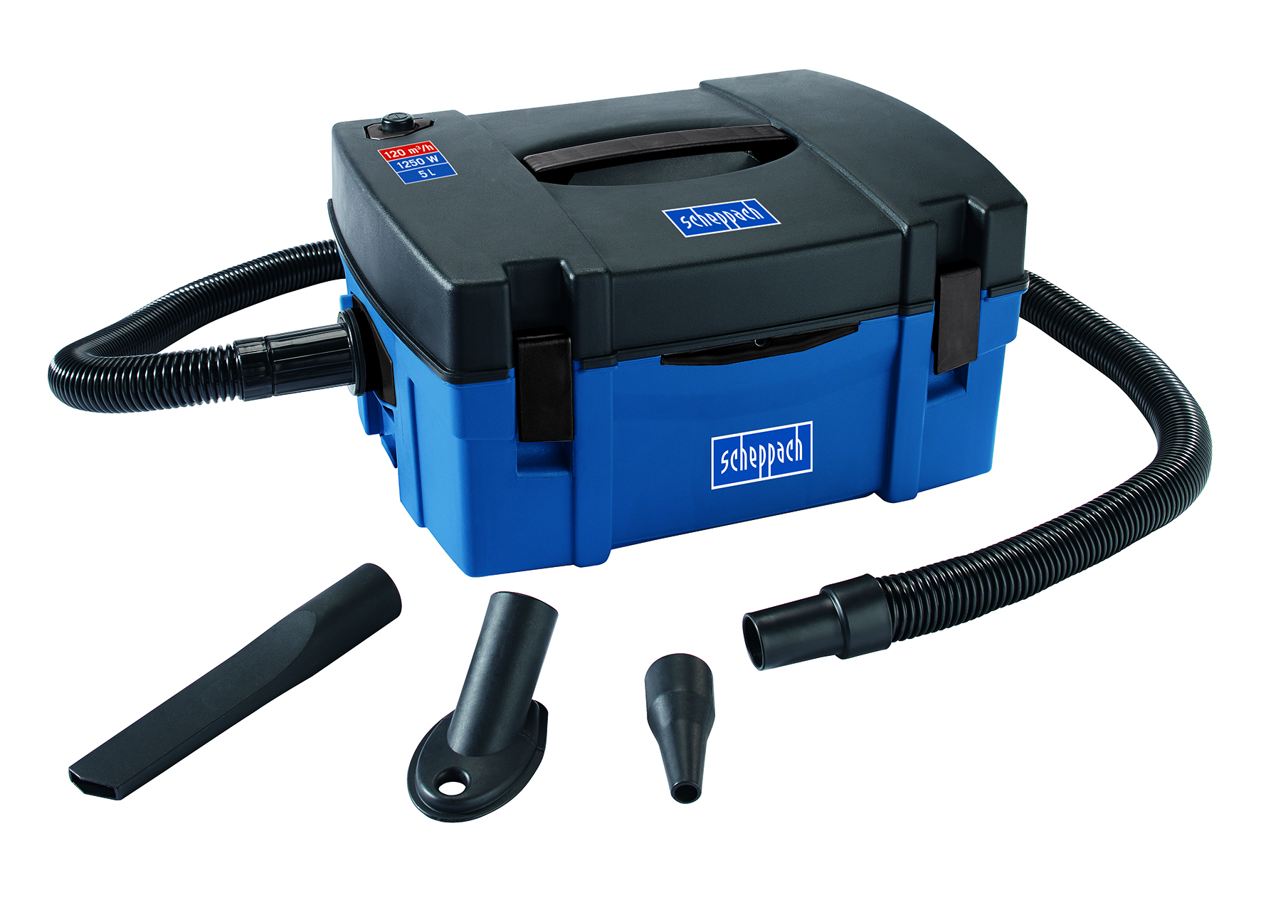 Scheppach Absauganlage HD2P 3in1 Absaugung Staubsauger - 1250 Watt | Luftleistung: 120m³/h | Füllmenge: 5 L | Filtergröße: 350 x 250mm | Schlauch-Ø/-länge: 40 / 2000mm | Ausblasfunktion