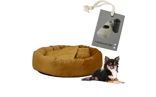 Rohrschneider Hundekissen Kuschelhöhle Denver Samt Hundebett weich mit Gassibeutel Ø 50 cm (S, Senf)
