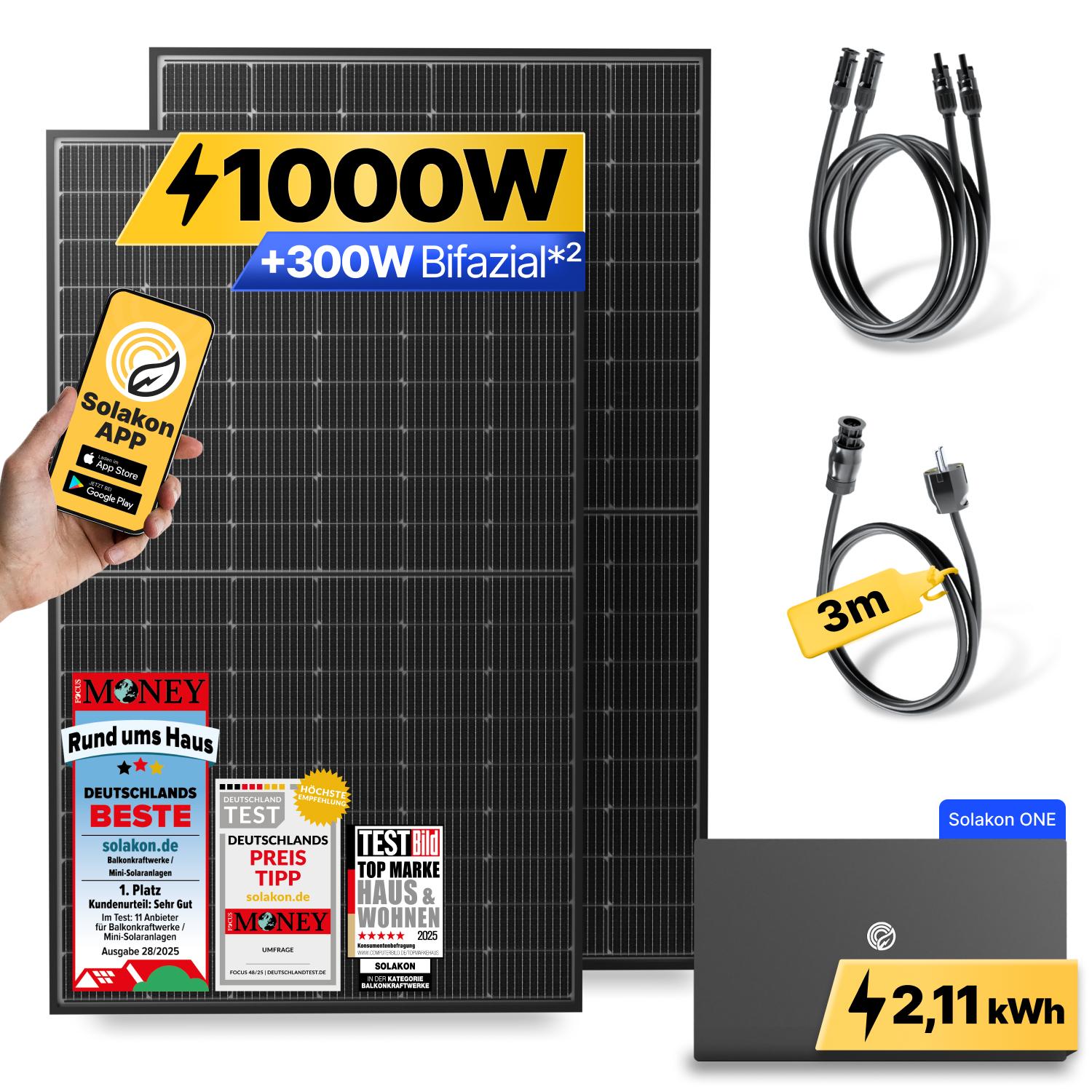 Solakon ONE 1000W Balkonkraftwerk mit Speicher (2,11 kWh), steckerfertiges WIFI Komplettset, Photovoltaikanlage 800W, Kabellänge 3m, bifaziale N-Typ-Solarzellen