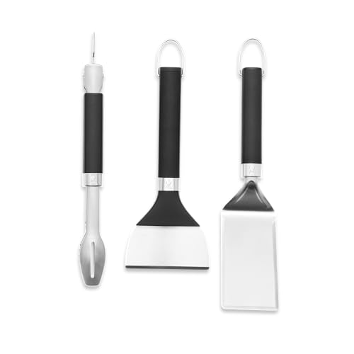 Weber Plancha/Grillplatten Zubehör Set, 3-teilig, Edelstahl-Zange, Wender & Schaber, spülmaschinenfest - Schwarz/Silber (3400074)