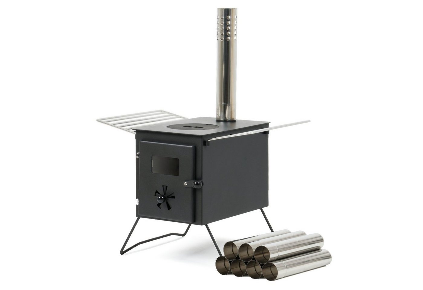 CampFeuer Zeltofen, 54 x 40 x 259,5 cm, vielseitige Zeltheizung und Kochstelle für Outdoor, inkl. Funkenschutzrohr und integrierten Zuluftregler