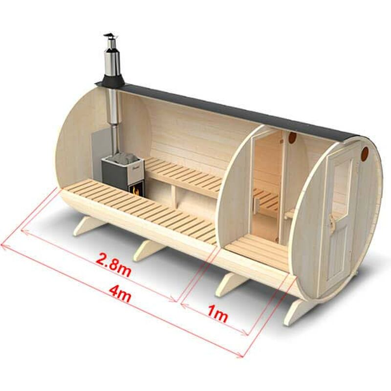 Caldari Fasssauna Farum XL für 8 Personen, mit Vorraum und Außensitzen, Fichte, schwarze Dachschindel, 6 kW Harvia Elektroofen (230V), mit Erlenboden