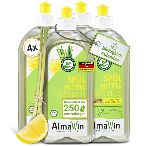 Almawin Spülmittel Zitronengras 500ml, hochkonzentriertes Geschirrspülmittel mit frischem Zitrusduft, klimaneutral und vegan