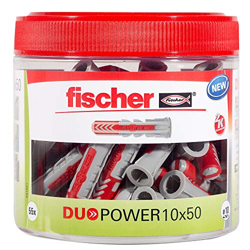 fischer DuoPower 10 x 50, 55 Universaldübel in handlicher Runddose, leistungsstarker 2-Komponenten-Kunststoffdübel für Beton, Ziegel, Stein und Gipskarton
