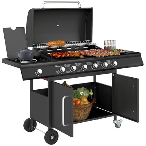 Outsunny Gasgrill 21,2 KW 6+1 Brenner BBQ Grillwagen aus Edelstahl inkl Rolle Seitenbrenner Thermometer Grillrost Kochfeld Seitentisch Gas-Grill für Balkon Camping 144,5 x 56 x 110cm, Silber
