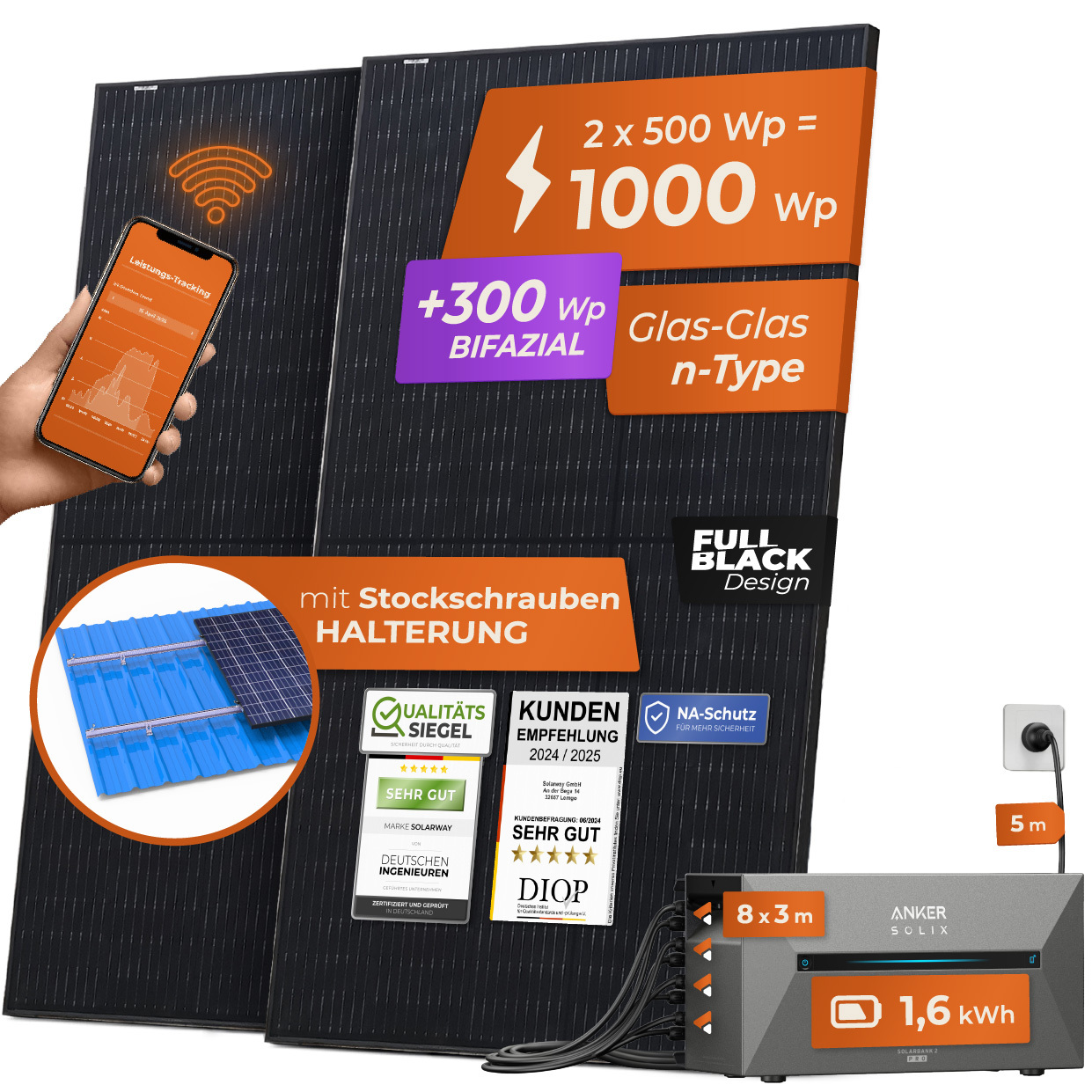 Solarway All In One Speicher Balkonkraftwerk 1000W mit Anker Solix 2 PRO Speicher - 500W Solaranlage Komplettset, Stockschrauben Halterung