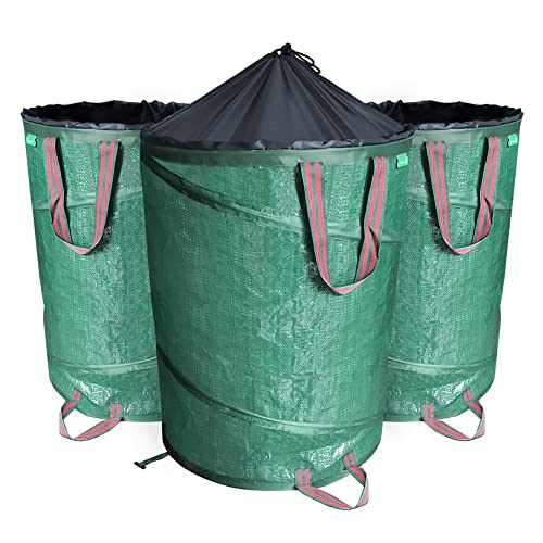 VOUNOT Pop Up Gartensack mit Griffen und Kordelzugverschluss 3er Set 100 L, Faltbarer Laubsack Selbstaufstellend Gartenabfallsack, Grün