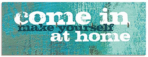 ARTLAND Hakenleiste Holz mit 4 Haken 40x15 cm Schlüsselbrett Schmuckaufhänger für Wand Geschirrtuchhalter Spruch Landhausstil Türkis T9LO