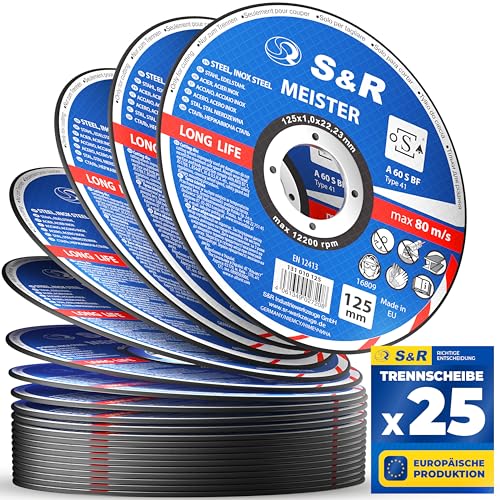 S&R Trennscheibe, Made in EU, 125 x 1,0 x 22,23 mm, Set 25 Stück Flexscheiben für Winkelschleifer