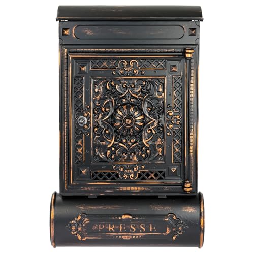 HMF 512-20 Antik Briefkasten mit Zeitungsfach, Vintage Postkasten aus Aluguss, Schwarz-Kupfer, 57 x 35 x 10 cm, wetterfest und robust