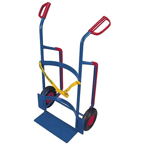 VARIOFIT Fasskarre für Kunststofffässer, 250kg Traglast, pulverbeschichtet RAL 5010 enzianblau, Vollgummibereifung, mit Sicherheitshandgriffen und Textilspanngurt