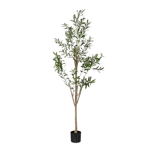 Relaxdays Deko-Olivenbaum, künstlich, 180 cm hoch, Kunststoff, Stein, grün/braun