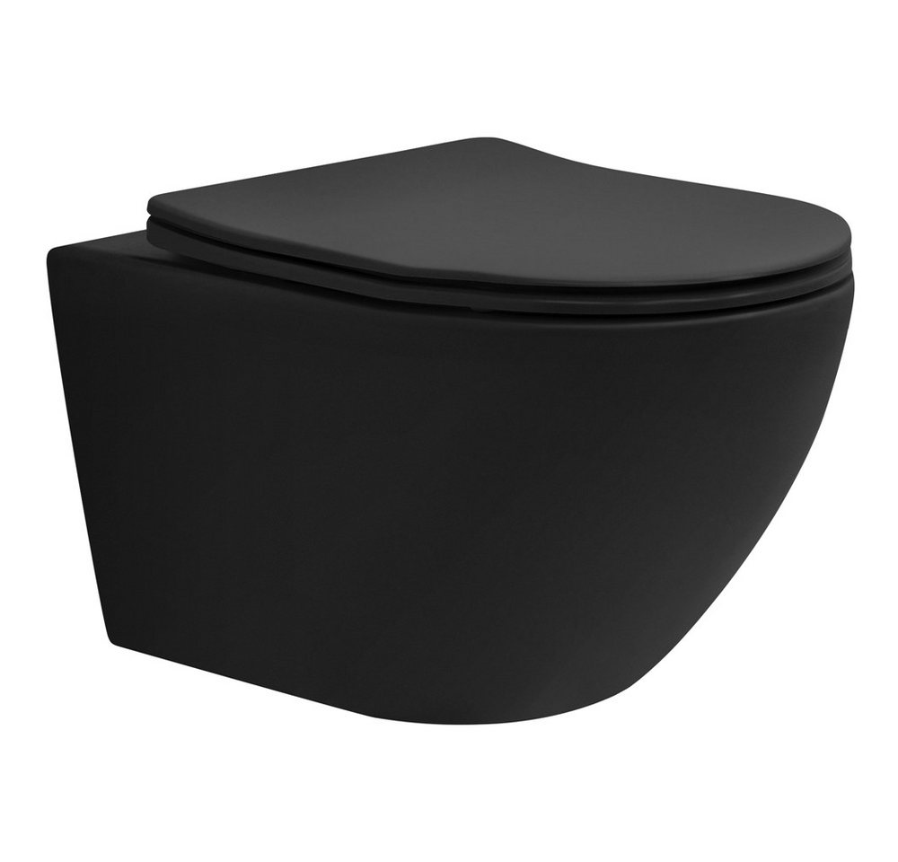 LuxeBath Tiefspül-WC Spülrandloses Hänge WC Keramik mit WC-Sitz abnehmbar Softclose, Wandmontage, Komplett-Set, Toilette Schwarz matt mit Nano Beschichtung lang Lotus Effekt