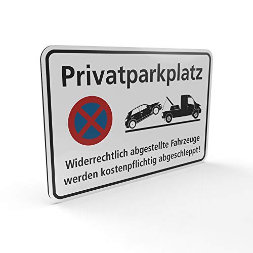 Betriebsausstattung24® Halteverbotsschild Privatparkplatz - Widerrechtlich abgestellte Fahrzeuge werden kostenpflichtig abgeschleppt! | Querformat 30,0 x 20,0 cm | 2mm | Aluminium Verbundplatte | Weiß