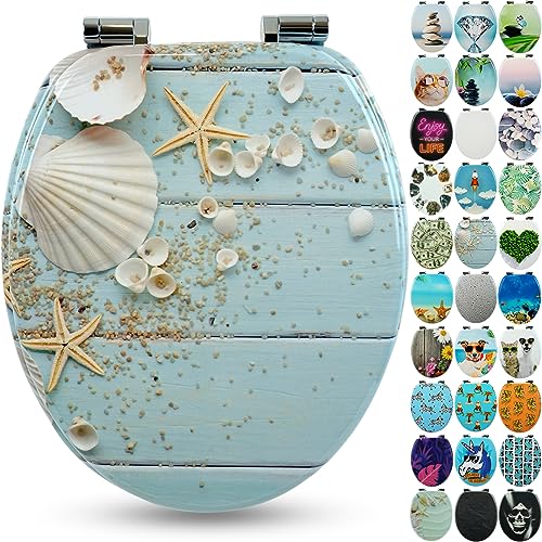 Sanfino WC Sitz Caribbean Blue, Toilettendeckel aus Holz mit Absenkautomatik und maritimem Motiv, 43,5 x 37,5 cm