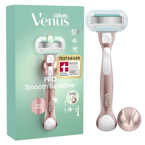 Gillette Venus Pro Smooth Sensitive, Damenrasierer für empfindliche Haut mit 5 Klingen, Metallhandstück und Duschhalterung, TESTSIEGER von Stiftung Warentest