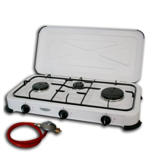 DF-Outdoor 3-flammiger Camping Gaskocher, emaillierter Topf-Träger, inklusive 80cm Anschlussschlauch und Druckminderer, weiß, 3,45 kW Leistung