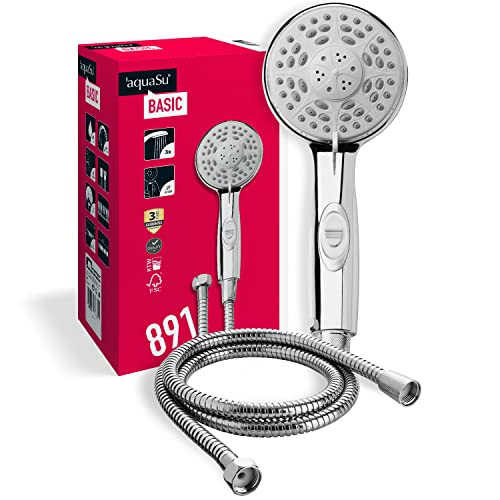 'aquaSu® Basic Duschset 891 | Handbrause mit 3 Strahlarten | Ø 10 cm Sprühplatte | Duschkopf mit Anti-Kalk-Noppen | Wasserstopp-Funktion | 150 cm Metall-Brauseschlauch | Typ 1/2 ' | Chrom | 72789 1