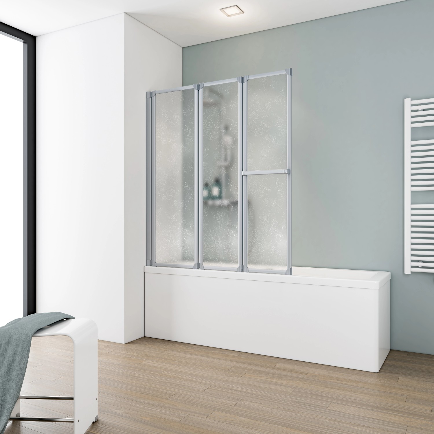Schulte Badewannenaufsatz Komfort, 3-tlg. Duschabtrennung aus Kunstglas mit Aluminium-Profil, 140 cm x 126,8 cm, inkl. Handtuchhalter