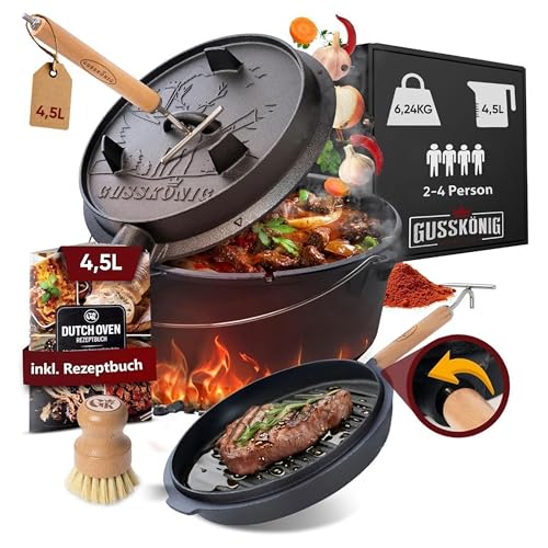 GUSSKÖNIG Dutch Oven Set, Eingebrannter Gusseisen Feuertopf 4,5L für 2-4 Personen mit Füßen, 2-in-1 Deckelheber, Bürste & Rezeptbuch, 30 Jahre Garantie