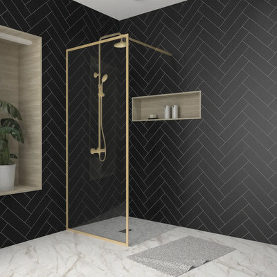 AURLANE FAC730, Gerahmte Duschabtrennung aus 6 mm Einscheibensicherheitsglas mit gebürstetem Gold-Finish, 900 mm x 2100 mm, inkl. Stabilisationsbügel