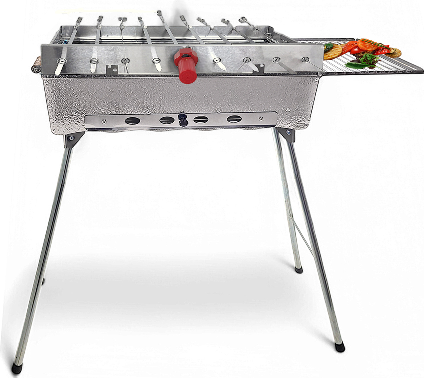 Grillpeter Mangal Astana Deluxe, tragbarer Holzkohlegrill aus Edelstahl mit 9er Spießdreher Grillmotor USB und Powerbank