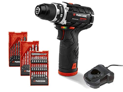PARKSIDE Akku-Bohrschrauber PBSPA 12 A1, bürstenloser Motor, 2 Batterien, 39-teiliges Zubehörset, max. 30 Nm, 0-1400 U/min, mit Ladegerät und Tasche