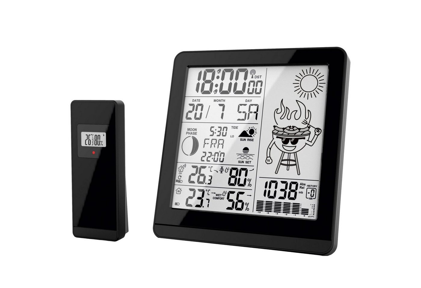 Miraval Klimamesser Miraval Funkwetterstation, Außensensor BBQ-Motiv Mondphase Sonnenaufgang Datumsanzeige, Schwarz