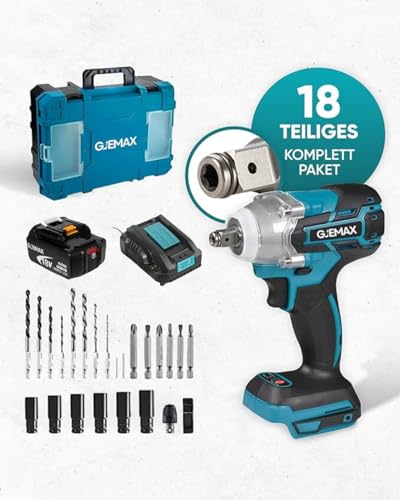 Gjemax Akku Schlagschrauber 18V 520Nm, 1/2 Zoll Drehschlagschrauber mit 6.0 Ah Lithium Akku und Schnellladegerät, Bürstenloser Motor, hohes Drehmoment
