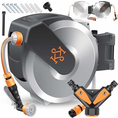 KESSER® Schlauchtrommel 15m mit Gartenschlauch, Wandmontage, 180° schwenkbar, automatische Aufrollung, inkl. 7-Funktionen Handbrause, PVC-Gewobeschlauch