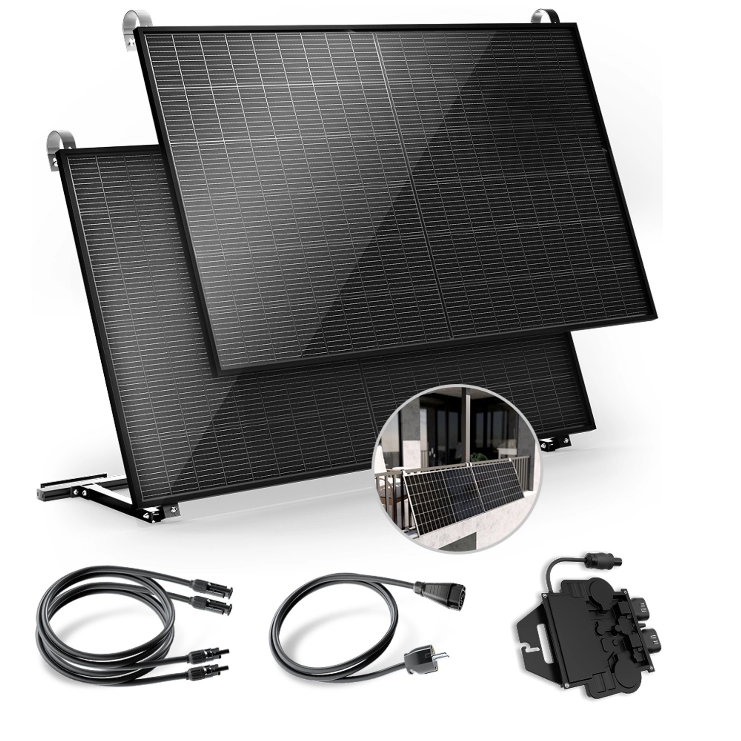 Solakon Balkonkraftwerk 900W, Photovoltaikanlage mit Balkonhalterung, plug&play, bifaziale Solarmodule, 800W Wechselrichter, 10m Kabel