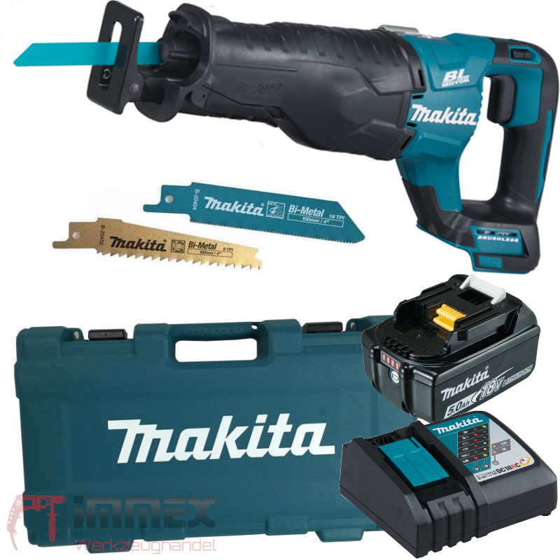 Makita DJR187RT Reciprosäge 18 V - 50 Ah-mit 1 Akku und Ladegerät im Transportkoffer, 670 W, türkisschwarz, mit 1x 5,0