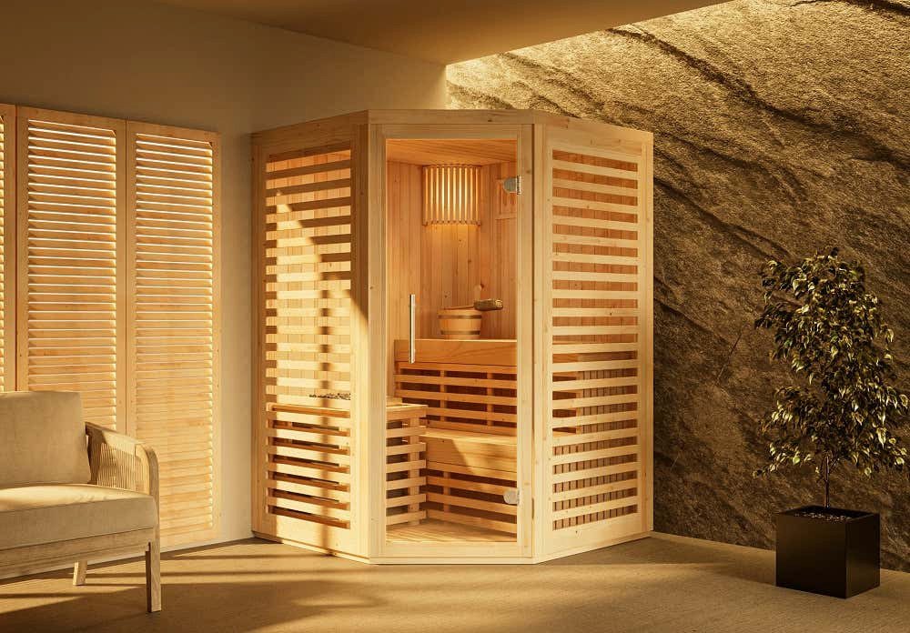 FinnTherm Innensauna Svala, 141 x 141 x 213 cm, 72 mm, naturbelassen, für 2 Personen, Elementbauweise