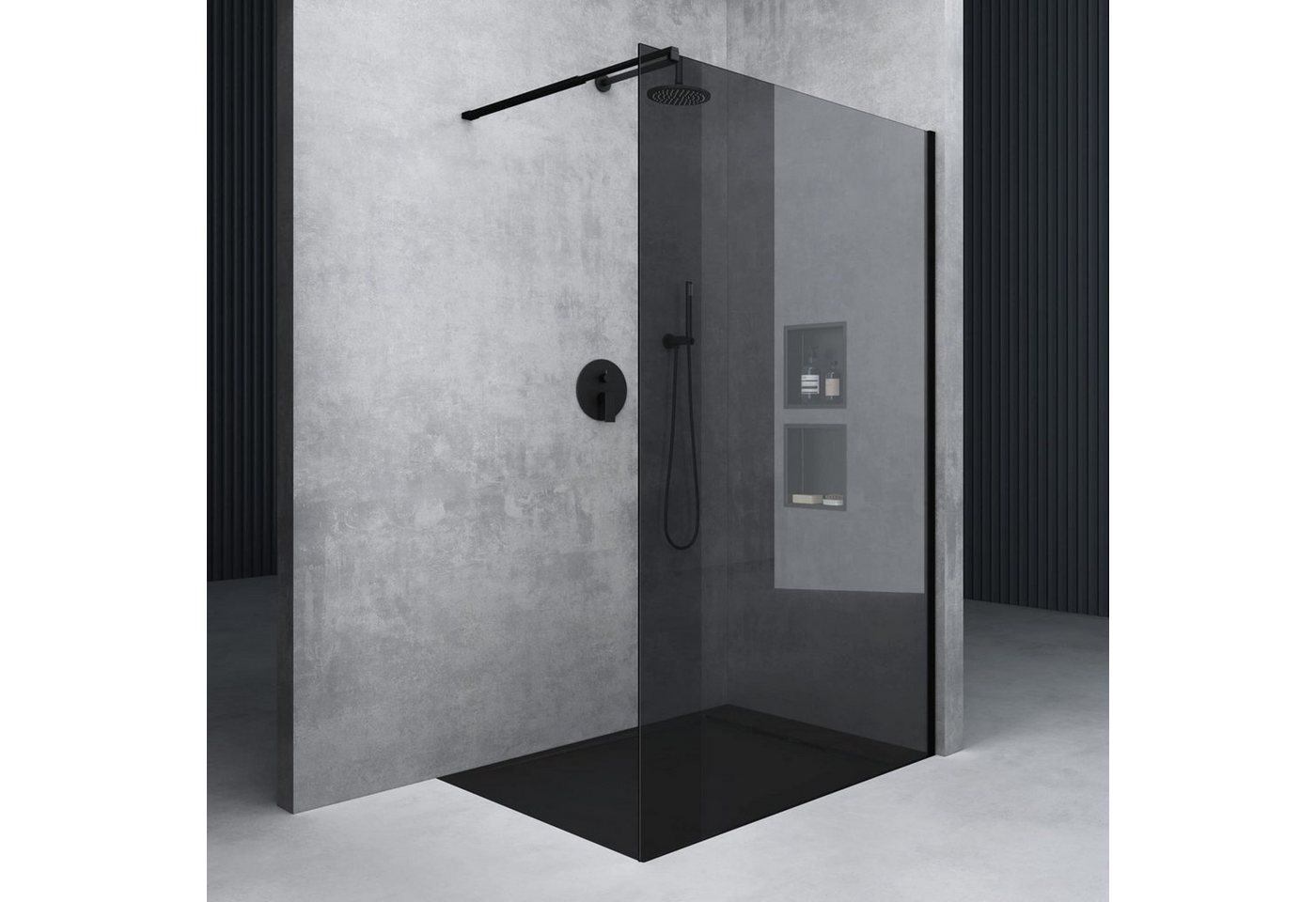 Mai & Mai Duschwand Bremen Schwarz Profil mit Nano Glas, Einscheibensicherheitsglas, Design Walk-In Duschabtrennung, variabler Wandabstand 70-120cm, einfache Montage