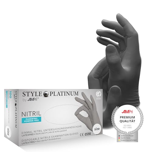 AMPri Nitrilhandschuhe, silbergrau, platinum, puderfrei, Style PLATINUM by Med-Comfort, 100 Stück/Box, Größe S