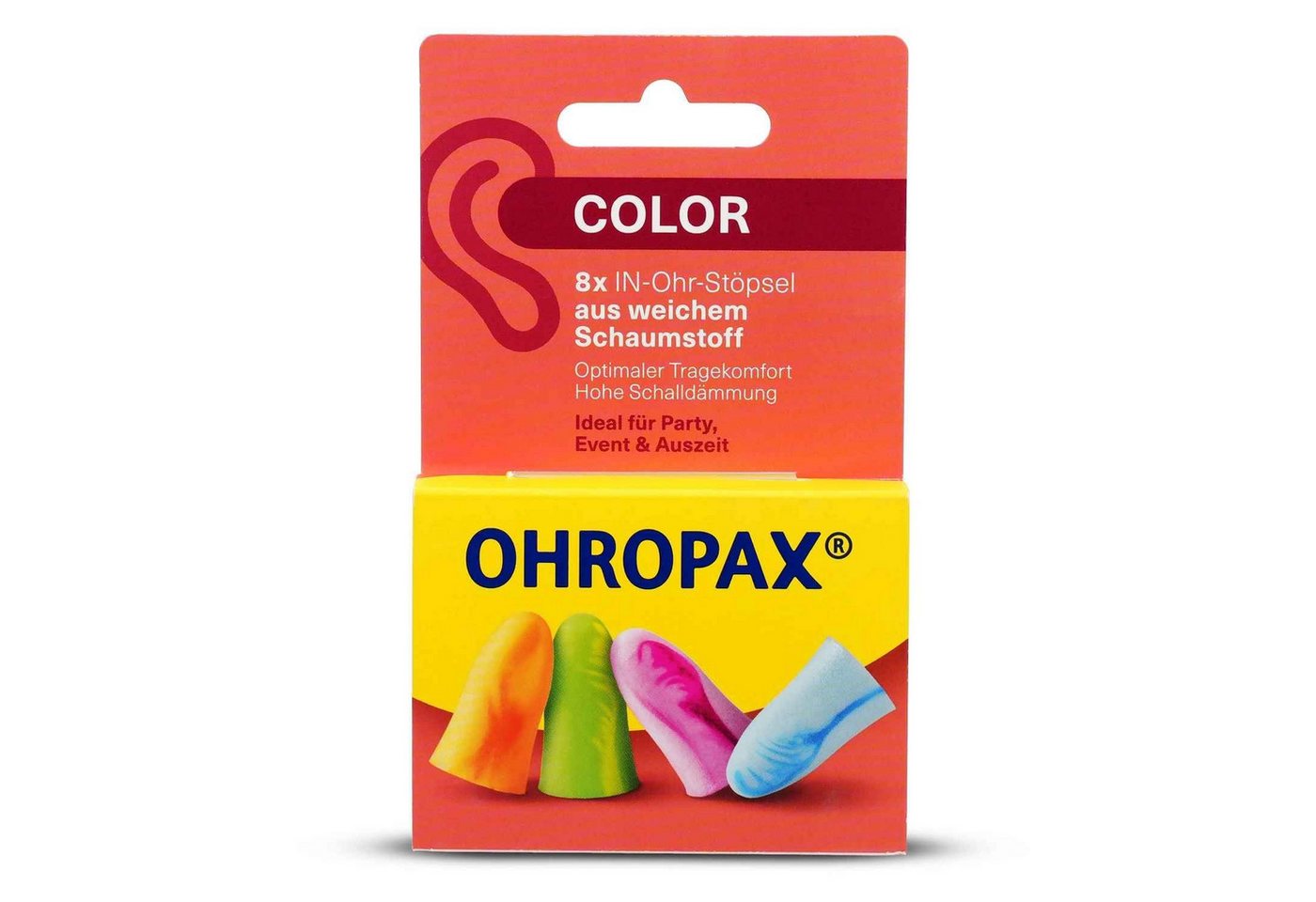 OHROPAX Gehörschutzstöpsel OHROPAX Color, Schaumstoff In-Ohr Stöpsel, 8 Stück, hoher Schallschutz SNR 35 dB, bunt gemischt