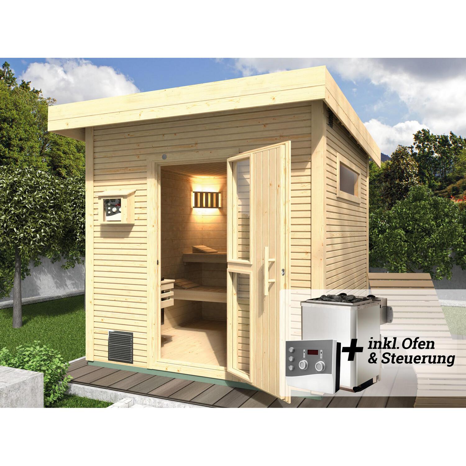 Weka Design-Saunahaus 'Kuopio' natur, mit 9 kW OS-Ofenset, analoger Steuerung 238 x 238 x 253 cm, modernes wekaLine-Profil, Anthrazit mit weißen Elementen