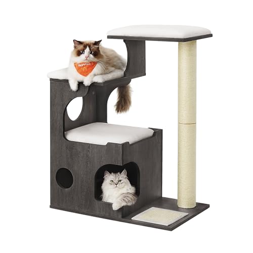 Feandrea Kratzbaum, 86 cm hoher Katzenbaum, Spanplatten-Katzenkratzbaum, mit Höhle, Liegeflächen, Säule und Sisal-Kratzmatte, waschbare Plüschkissen, nebelgrau"